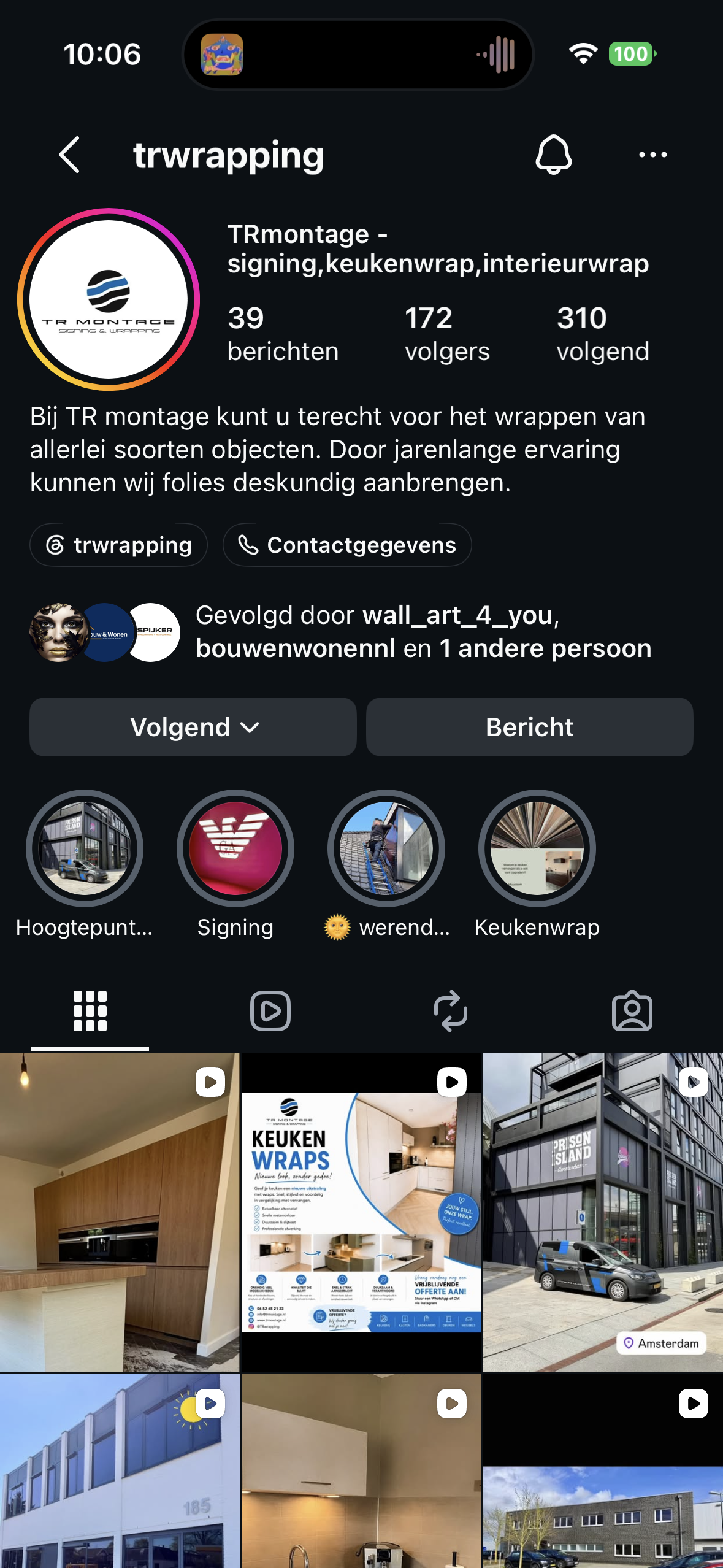 Instagramprofiel van TR Montage, @trwrapping